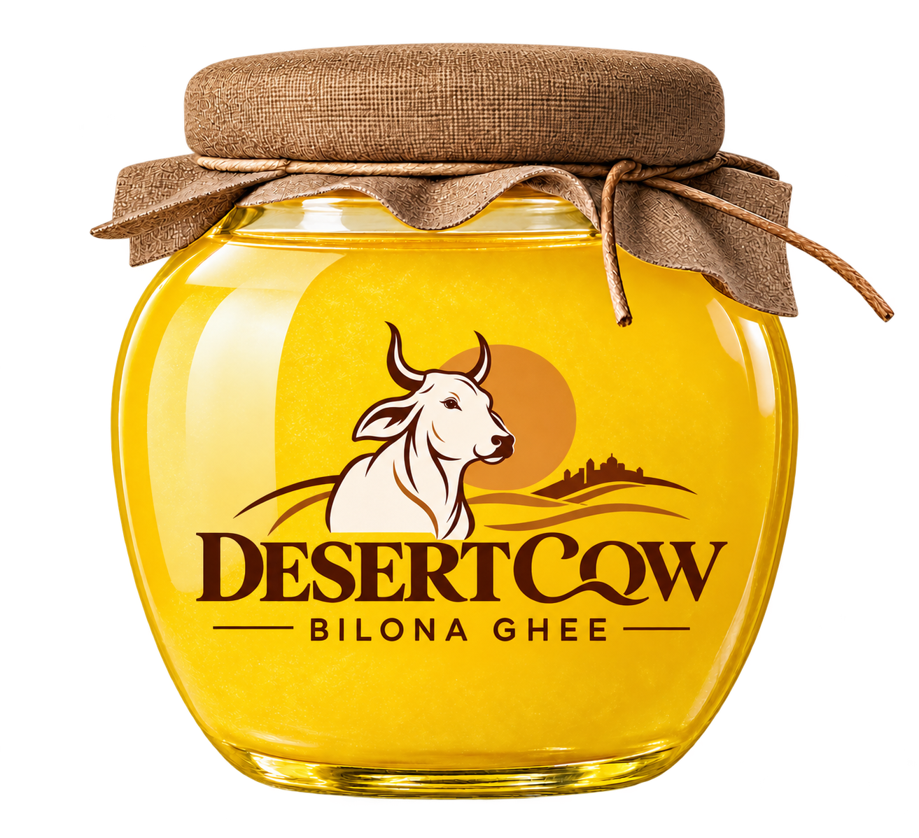 DesertCow glass jar with matching cow, sun and Rajasthan logo