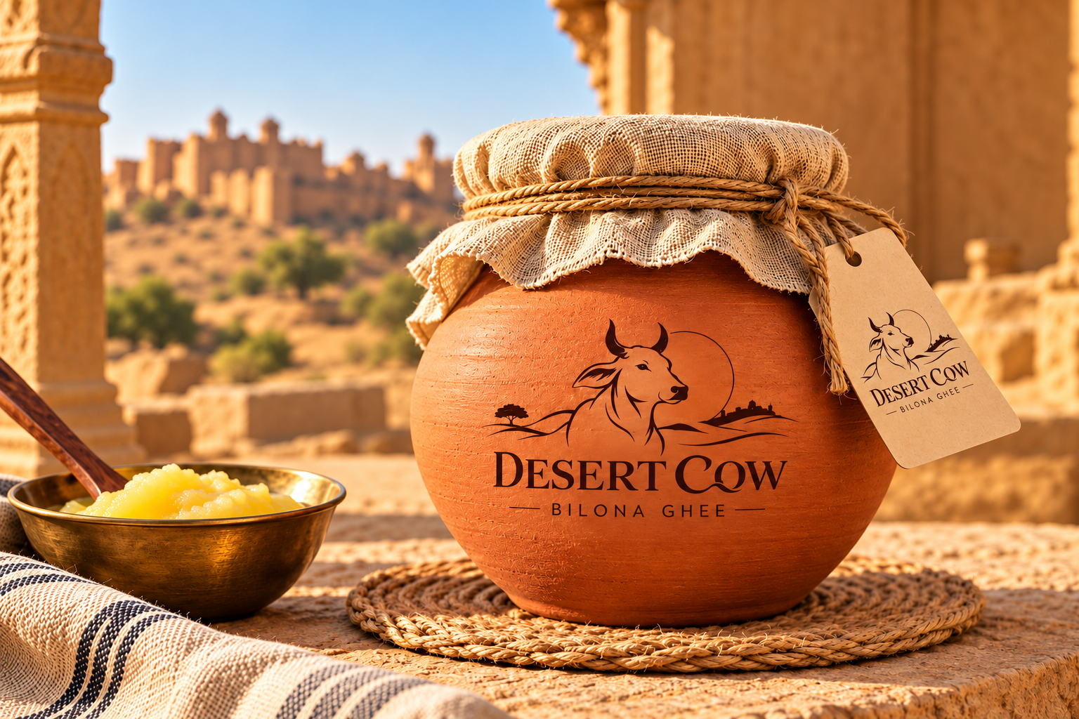 DesertCow terracotta jar concept with a cloth cover and jute tie in a warm Rajasthan setting